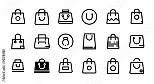 Shopping Bag Icons Set - Black and White Simple Line Art