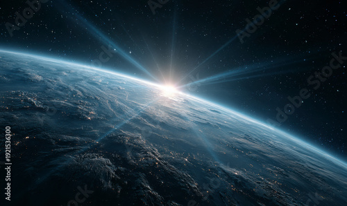 Stunning Sunrise Over Earth from Space with Bright Lens Flare Effects