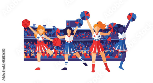 Four diverse cheerleaders in red, white, and blue uniforms with pom-poms performing in a stadium with a crowd, celebrating a sports event.