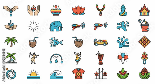 Thai Songkran Festival Icons: Water, Elephants, Buddha, Lotus, Coconut, Dancing