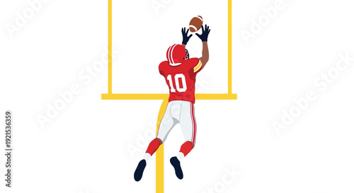 American football player in red jersey number 10 jumping to catch a football near a goalpost during a game.
