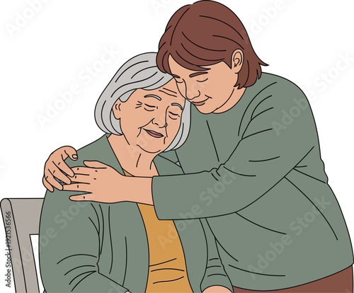 Young woman hugging senior mother with gray hair and closed eyes