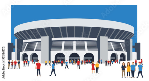 A large modern sports stadium with many people gathering outside its entrance under a blue sky.