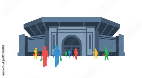 Stylized illustration of a large public building with many colorful people entering and exiting its main entrance.