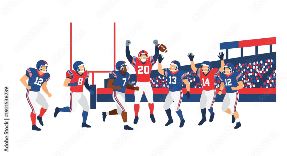 Obraz premium American football players celebrating victory on a field with stadium stands and goalposts in the background.