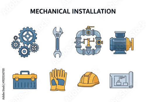 Mechanical Installation Tools and Equipment Icons for Engineering and Industry