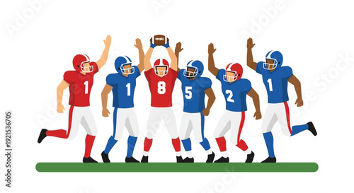 A group of diverse American football players in red and blue jerseys celebrating a victory on a green field.