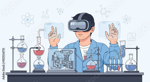 Young scientist explores virtual reality chemical experiment in modern laboratory illustration