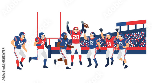 American football players celebrating victory on a field with stadium stands and goalposts in the background.