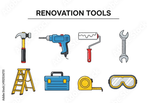 Collection of renovation tools and DIY equipment including a hammer, drill, roller, wrench, ladder, toolbox, tape measure, and safety glasses for home improvement projects