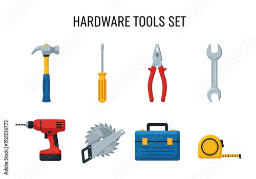 Collection of common home improvement and DIY hardware tools for repairs and construction projects