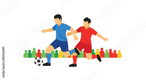 Two male soccer players in blue and red uniforms competing for the ball on a field with a stylized crowd in the background, illustrating a dynamic sports match.