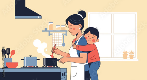 Mother cooking in kitchen with young son on her back