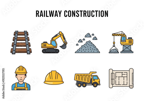 Railway construction vector illustration with tools, machinery, and blueprint