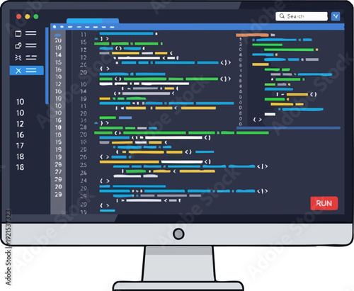 Vector illustration of computer monitor displaying colorful programming code interface