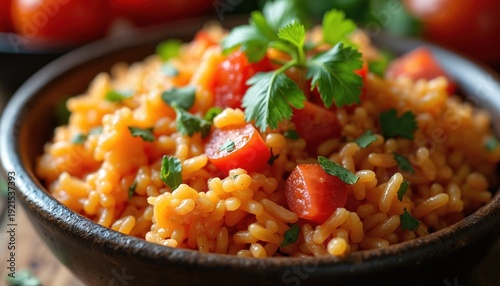 Hearty brown rice with fresh tomatoes and cilantro in rustic bowl. Delicious comfort food, healthy meal, natural ingredients. Wholesome dish, simple cuisine, organic taste. Nourishing sustenance.
