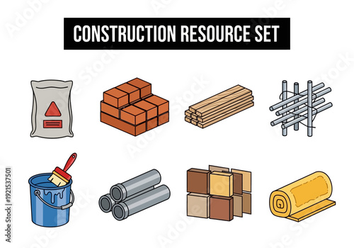 Construction resource set featuring building materials and tools for industry and trade