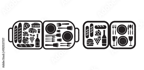 Picnic food and tableware icons with handles in black silhouette for outdoor meals