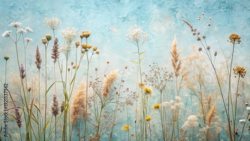 A Serene Arrangement of Dried Meadow Flowers Against a Soft Blue Background