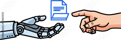 Digital data exchange between AI robot and human hand graphic