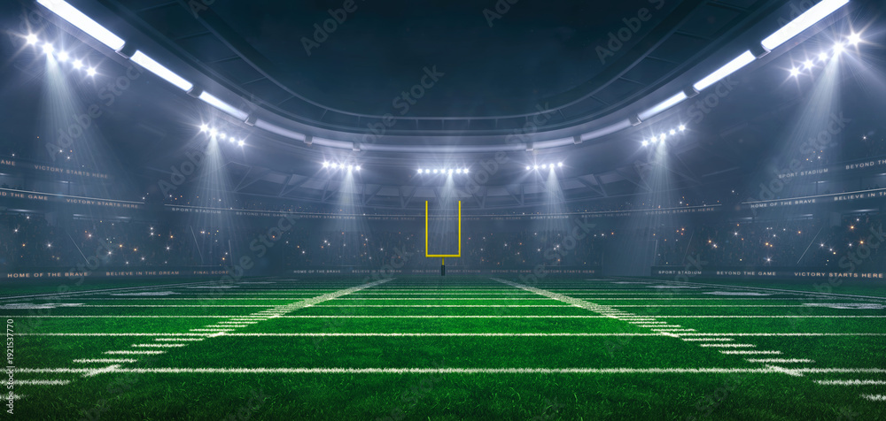 Naklejka premium American football field at a sports stadium in foggy weather with shining floodlights and fans ready for an upcoming nighttime sports event.