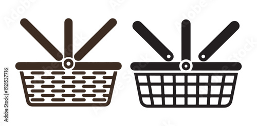Wicker picnic basket icon in brown and black for food storage and outdoor activities