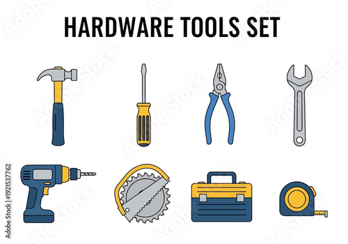 A collection of common hardware tools, including a hammer, screwdriver, pliers, wrench, drill, saw blade, toolbox, and measuring tape, presented in a clean illustration style
