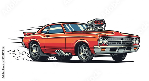 Vintage Red Muscle Car Racing.