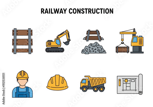 Railway construction set with heavy machinery, building materials, worker, and blueprint icons