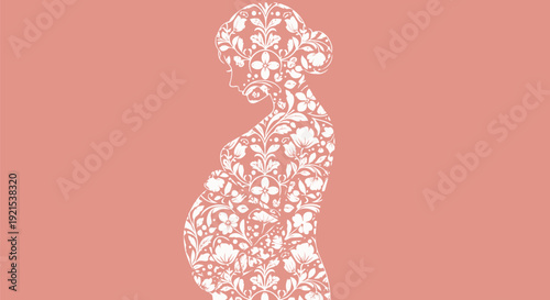 Pregnant woman silhouette with floral pattern on pink background