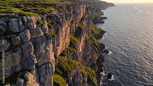 Aerial view of rugged coastal cliffs with lush green vegetation and rocky shoreline, showcasing the natural beauty of the landscape at sunset
