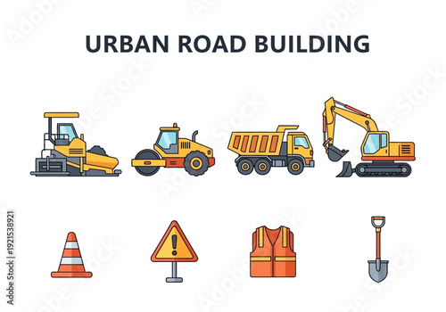 Collection of urban road construction equipment and safety items with building machinery