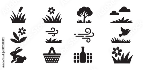 Spring picnic icons featuring rabbit, flowers, basket, bottle and nature elements