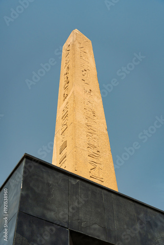 The world's first Hanging Obelisk of Ramses II at the Grand Egyptian Museum entrance, Giza