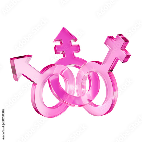 3 Gender symbols, 3d render translucent Glass on transparency background.