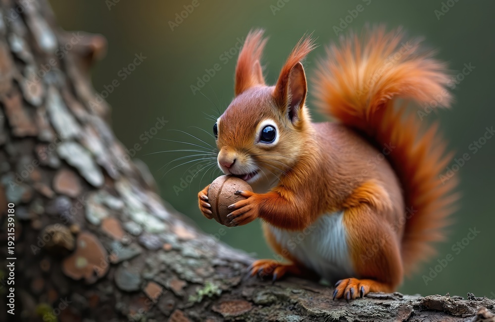 Obraz premium Small red squirrel sits on tree branch holding nut. Cute furry rodent gnaws food. Wildlife in forest nature habitat. Curious animal with fluffy tail.