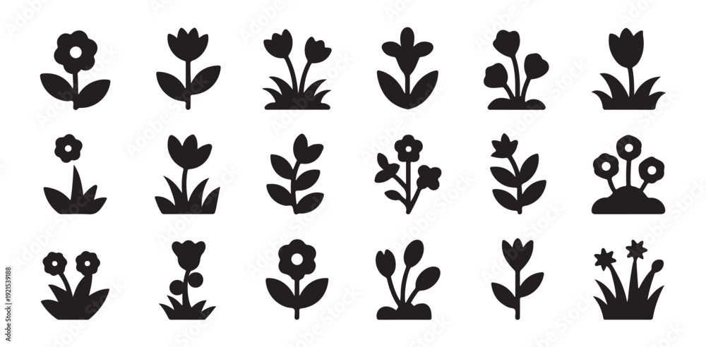 Obraz premium Collection of various flower silhouettes and icons for garden and floral design