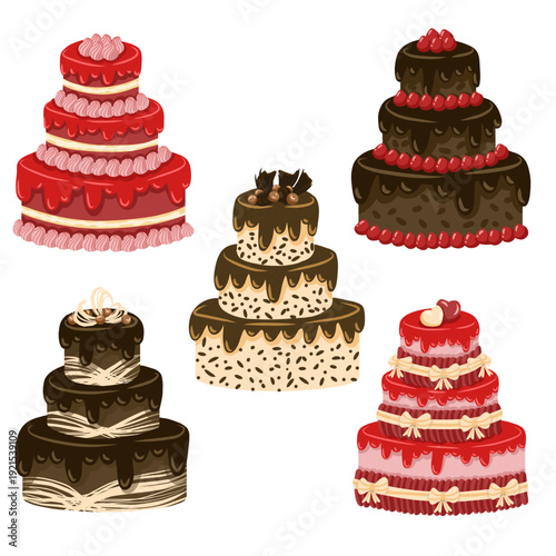 Delicious wedding cake illustration with various decorative glaze toppings. Sweet dessert design featuring colorful icing and detailed decorations. 