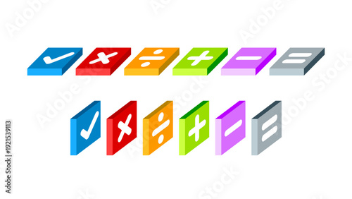 design of addition, multiplication, division, subtraction, equal to, and checkmark vectors with isometric block borders of different colors