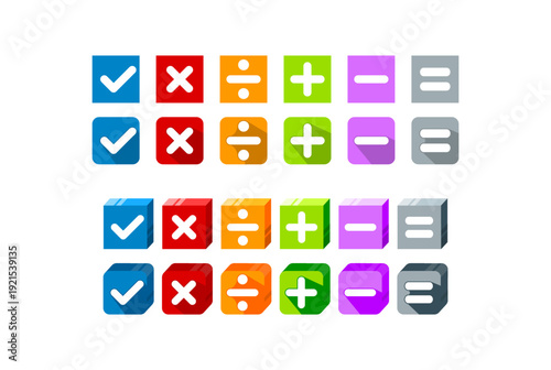 design of addition, multiplication, division, subtraction, equal to, and checkmark vectors with isometric block borders of different colors
