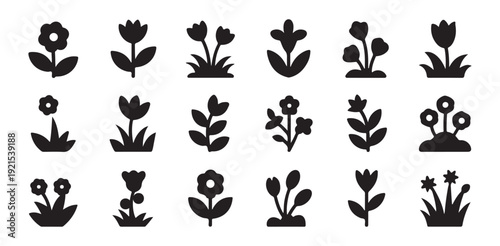 Collection of various flower silhouettes and icons for garden and floral design