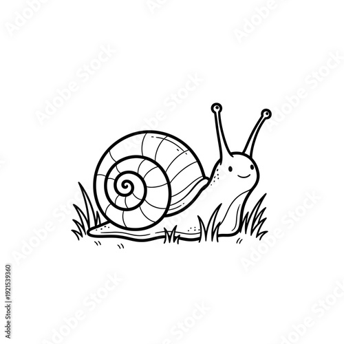 Cute Snail Line Art Vector Illustration – Minimal Black Outline Garden Snail with Grass Cartoon Drawing
