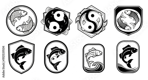 Collection of Vintage Fish and Yin Yang Symbols.
