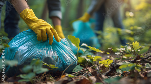 Close-up of Hands in Yellow Gloves Collecting Debris in Forest