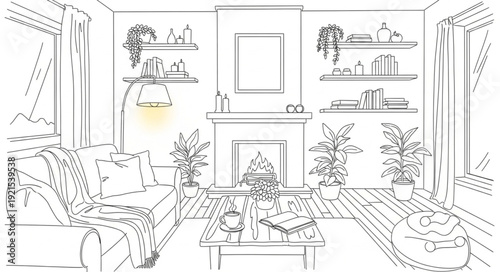 Living room sketch with furniture and plants.