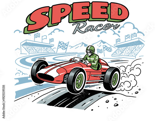 Speed racer car design. Vintage racing sport artwork. Fast wheels challenge. Motorsport graphic print. Racing track apparel design.