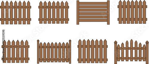 Wooden fence collection with different picket styles rustic garden barrier flat vector illustration set