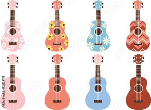 Colorful ukulele collection with floral and patterned designs flat vector illustration set isolated