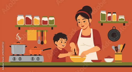 Asian mother and son cooking together in a kitchen
