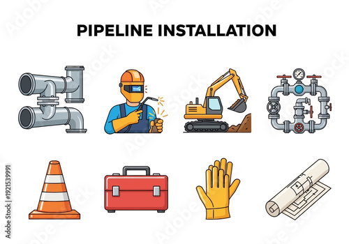 Pipeline Installation Icons Welder, Excavator, Plumbing, Safety Gear, and Blueprints